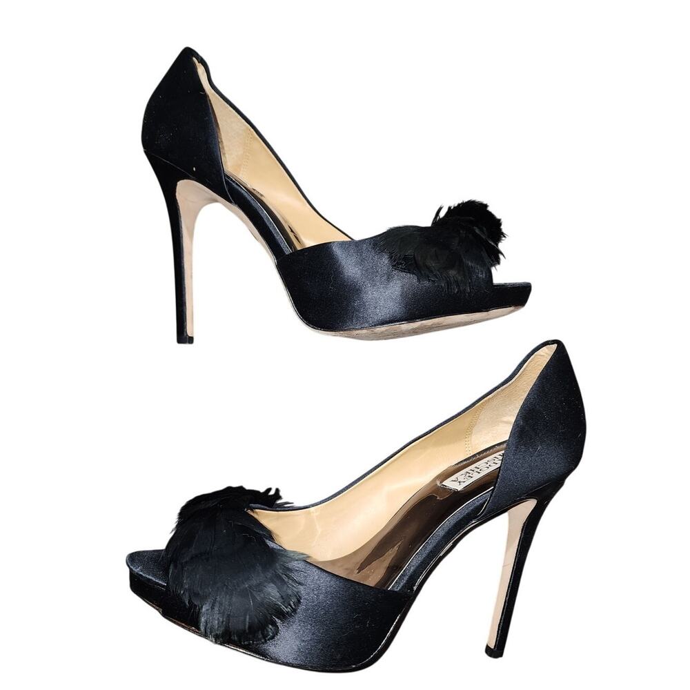 Badgley Mischka Gisella d'Orsay Peep open toe feather Evening Black Pumps 9.5 - Picture 2 of 8